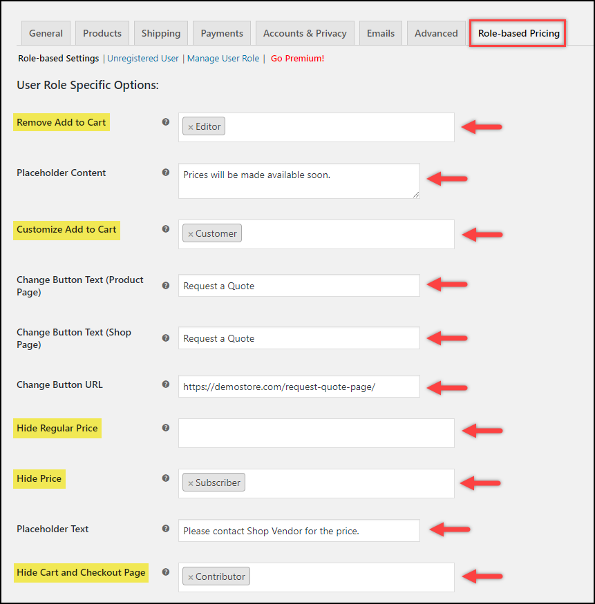 ELEX WooCommerce Role Based Pricing – pricing settings