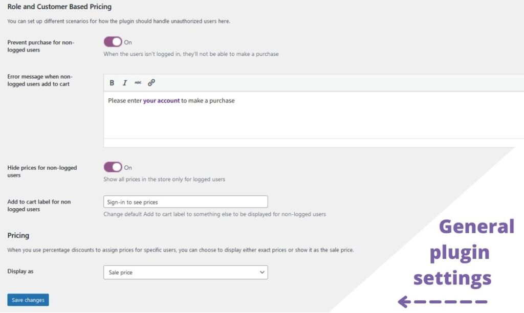 Role & Customer Based Pricing by Meow Crew – settings page