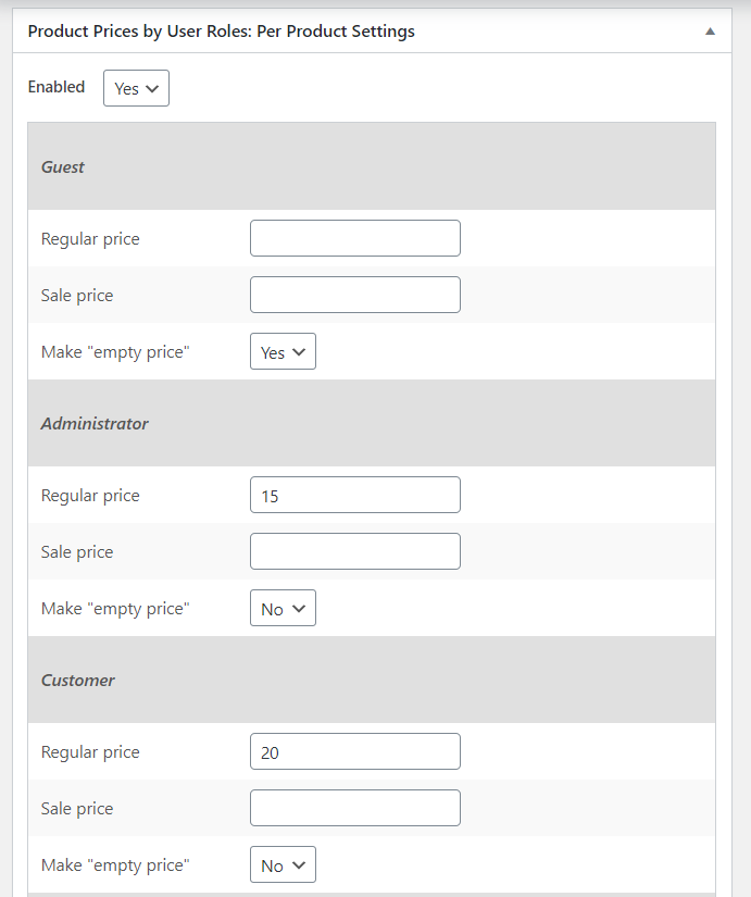 Product Prices by User Roles by Tyche – per-product metabox