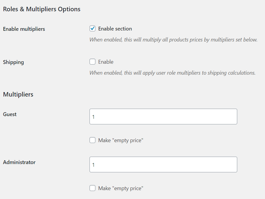 Product Prices by User Roles by Tyche – price multiplier tab