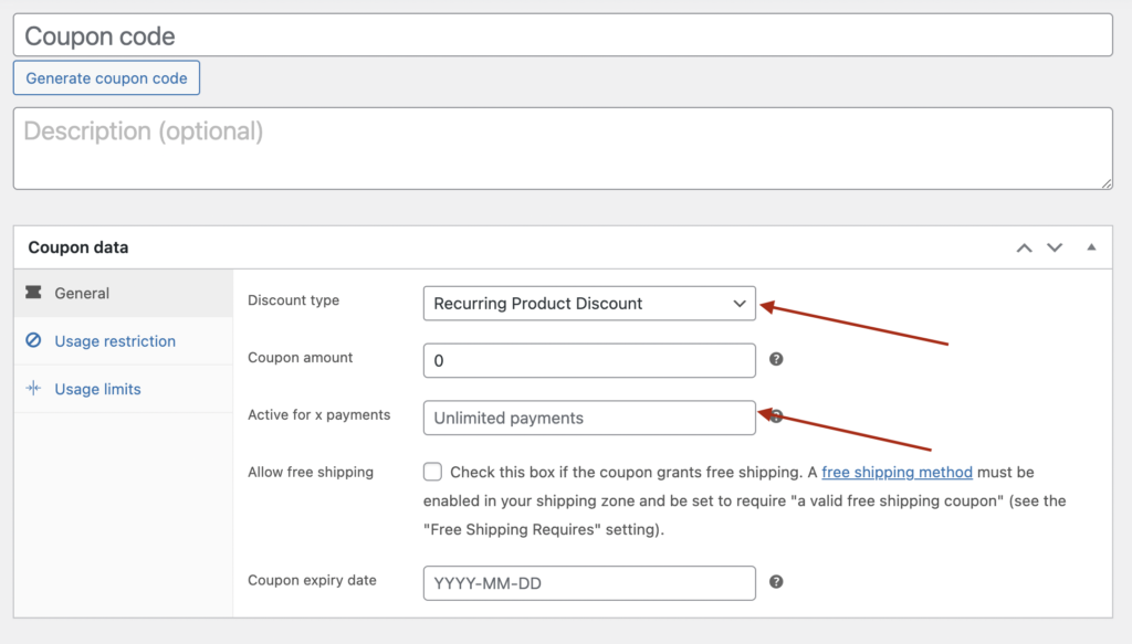 WooCommerce coupon settings with limited subscription payment options