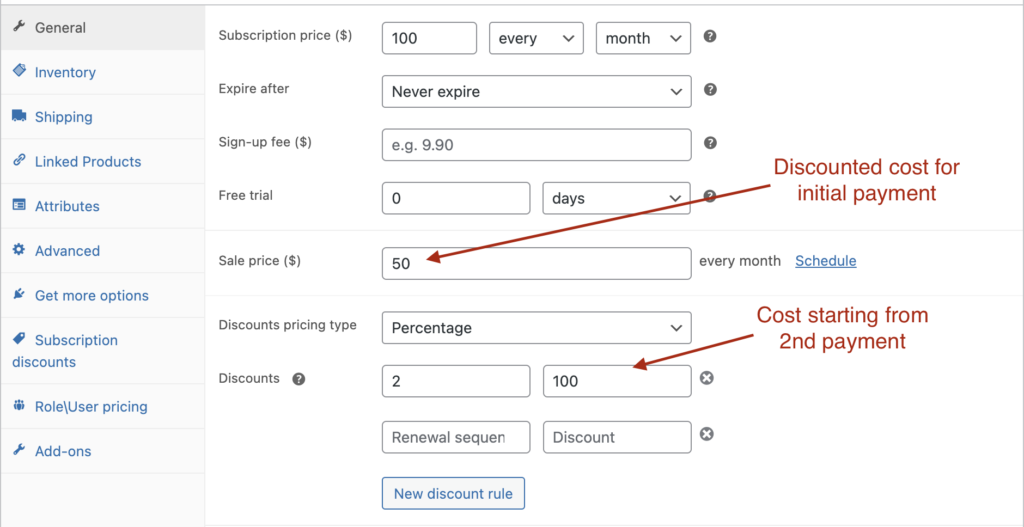 Combining a sale price for the first payment with renewal pricing