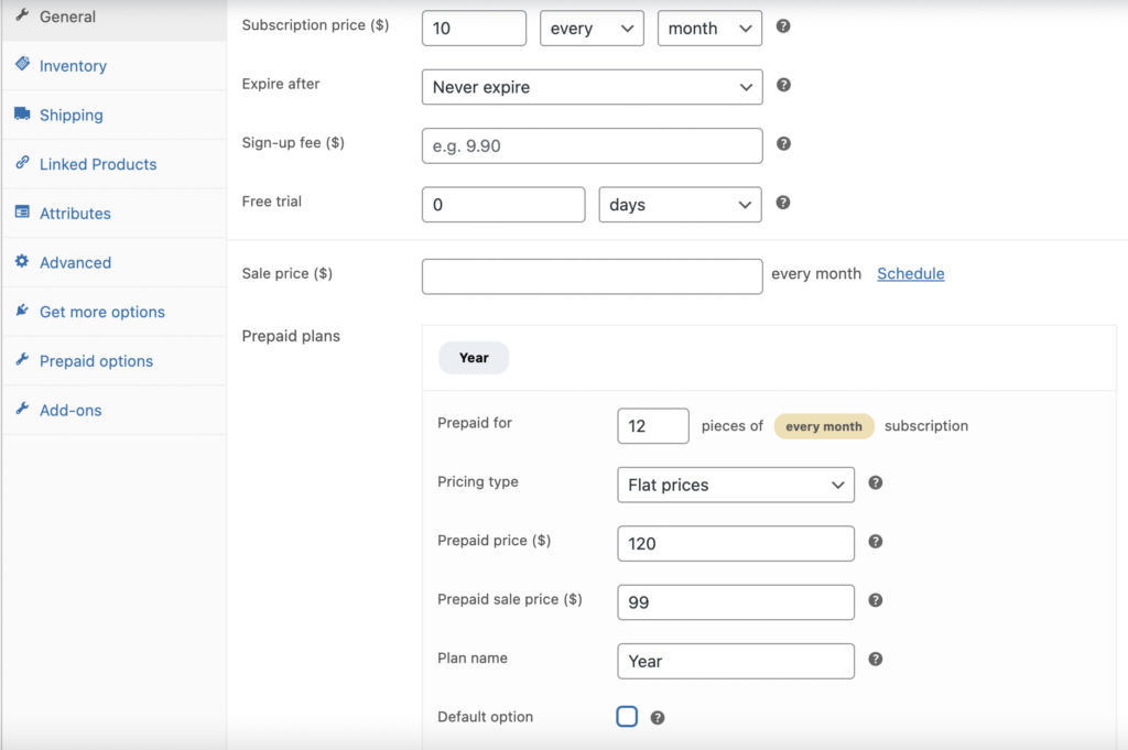 Creating a prepaid plan for a subscription product