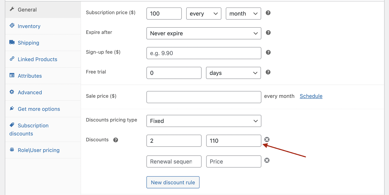 Discount sequence assigning a higher price from the second renewal