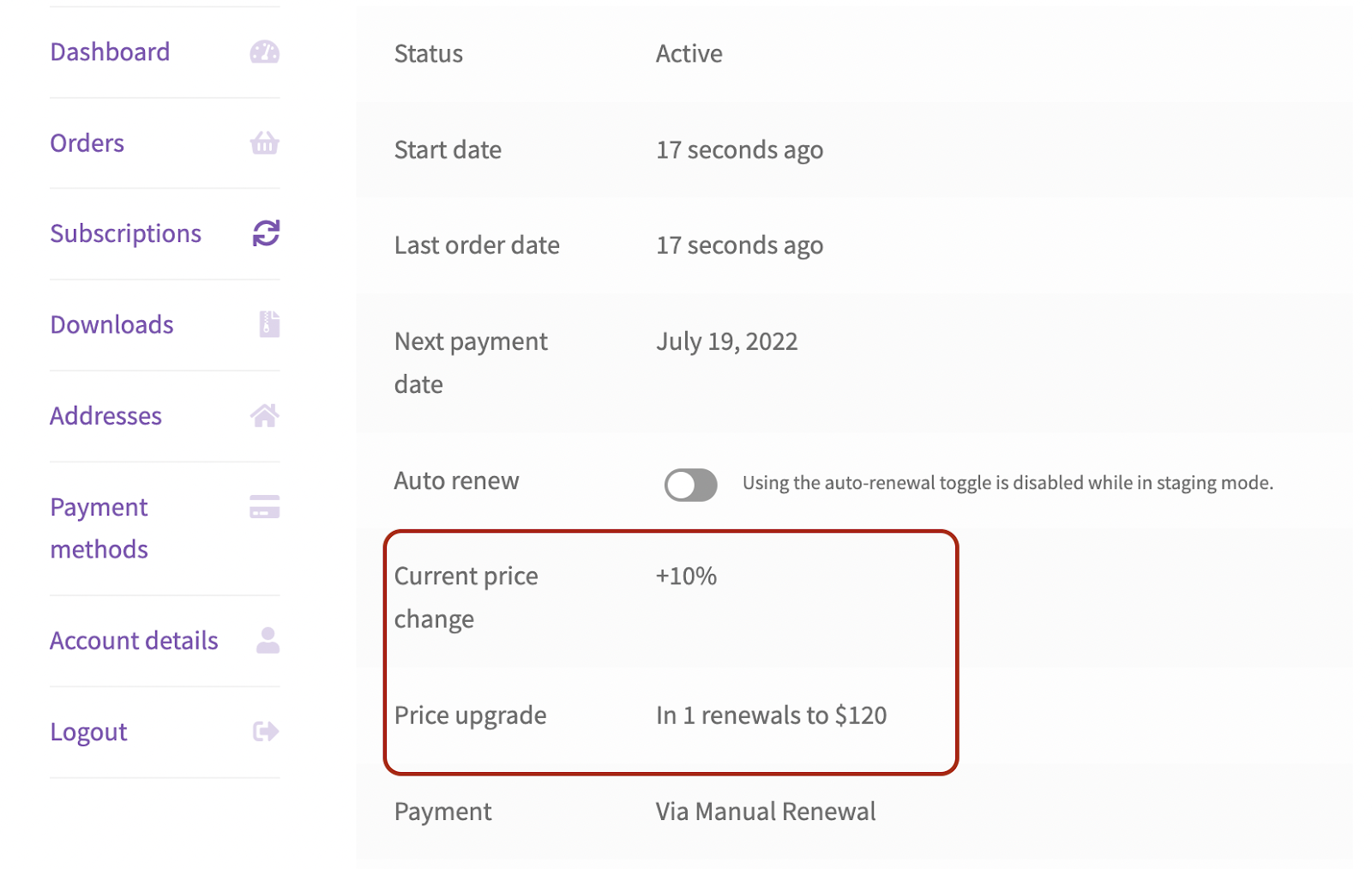 Subscriber account view showing current and upcoming prices