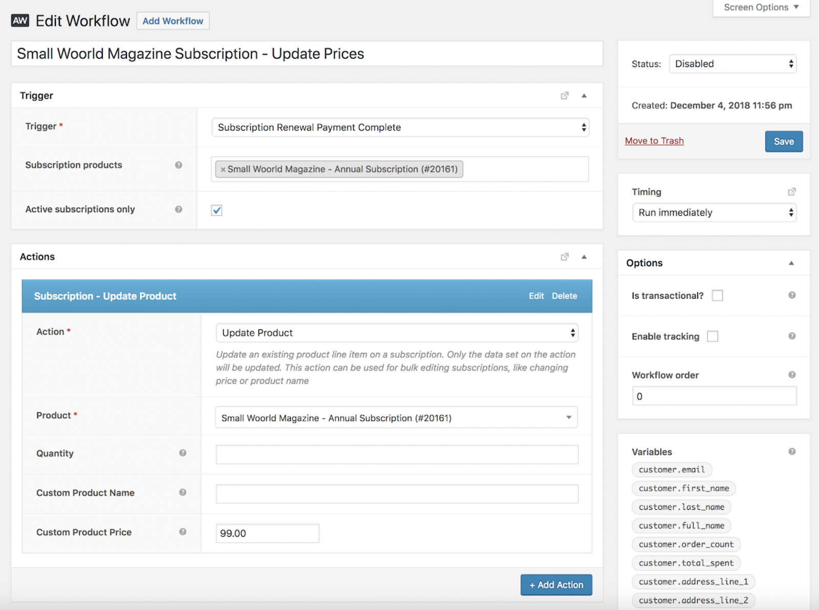 AutomateWoo workflow for updating subscription prices