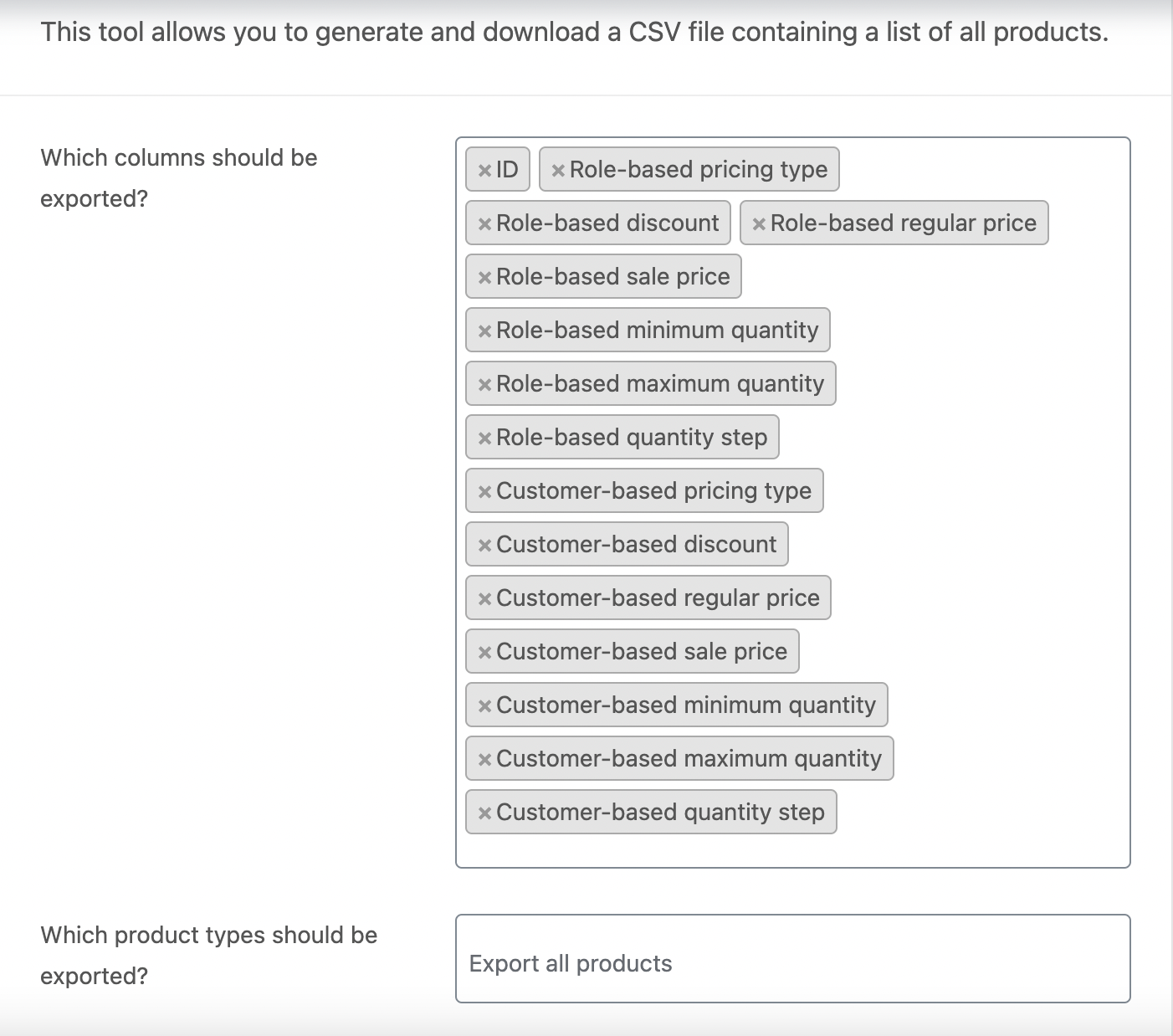 Choosing role-based pricing fields for export