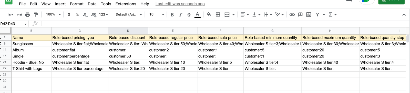 Exported CSV with role-based pricing columns