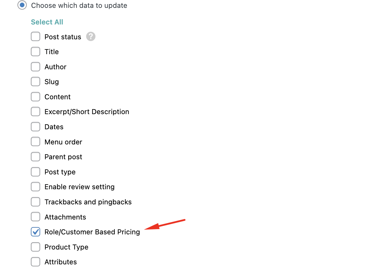 Selecting only Role/Customer Based Pricing fields to update
