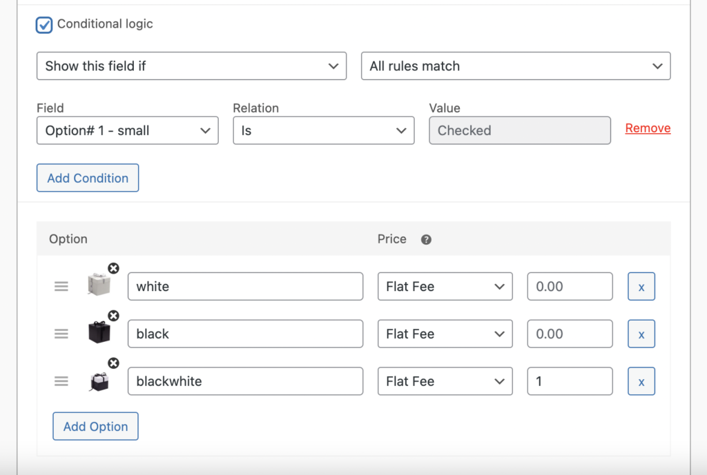 Condition set up to show small package options only for the small wrapping choice