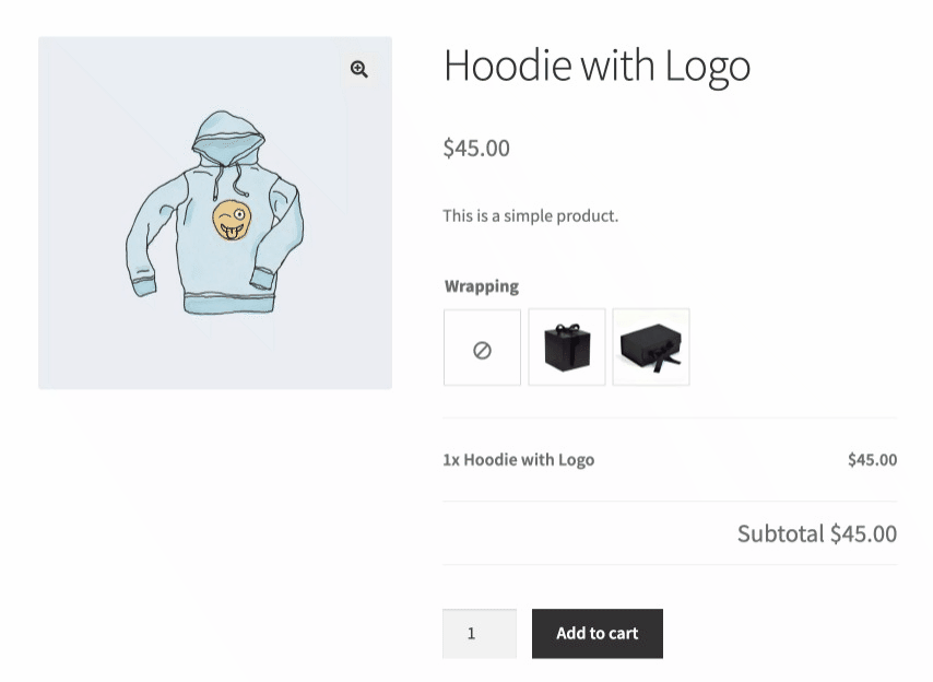 Product page showing only relevant wrapping options based on the customer's choice