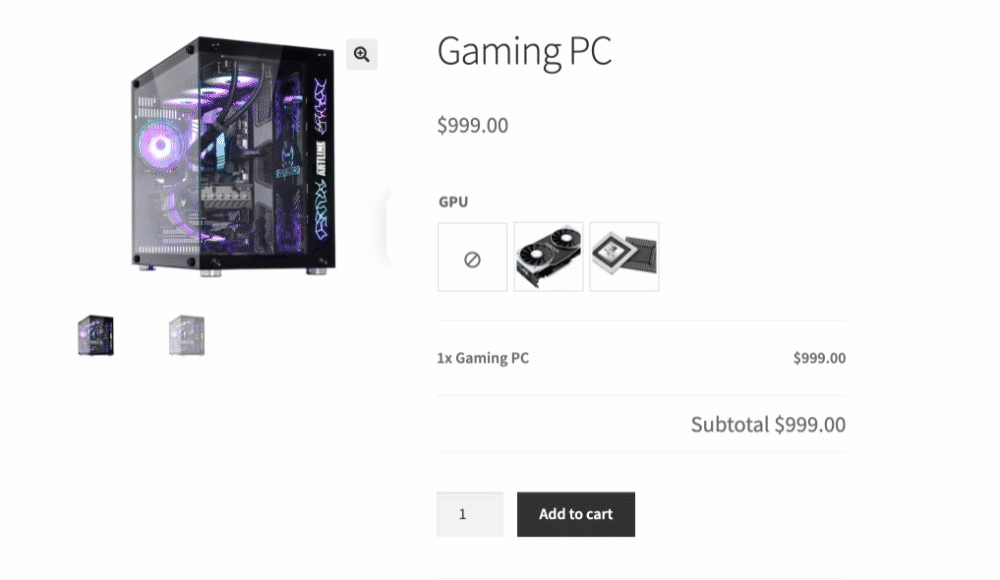 Custom gaming PC configurator with conditional add-on fields