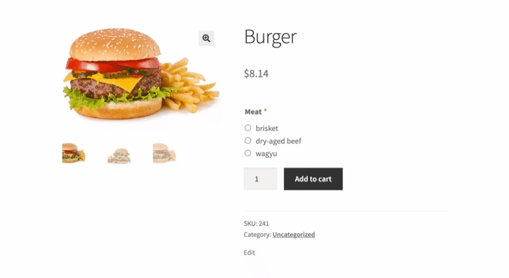 Burger ordering page with conditional extras and sides