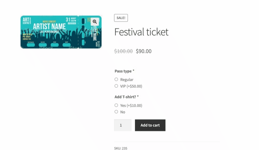 Event ticket page with conditional VIP and premium options