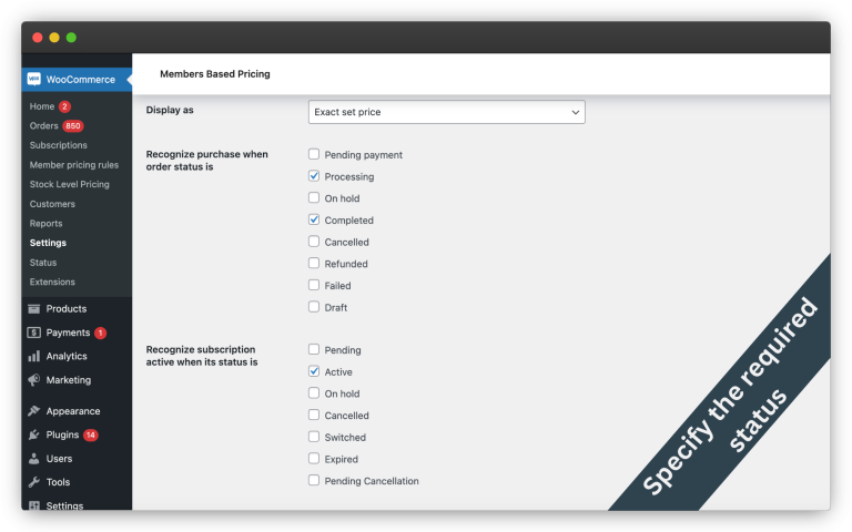 Select activation status (states of order or subscription)