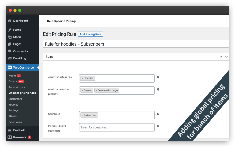 Create global pricing rule - select products and categories