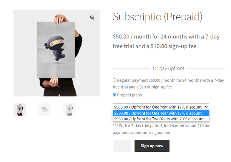 Product page layout with a dropdown list
