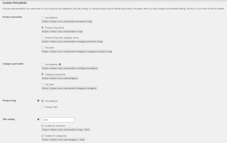 Permalink structure settings