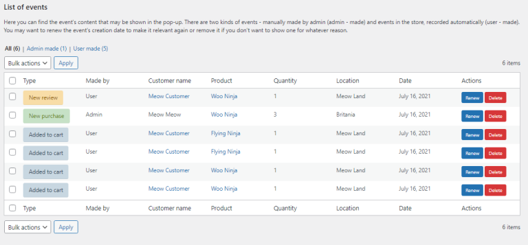 Events stored in your database
