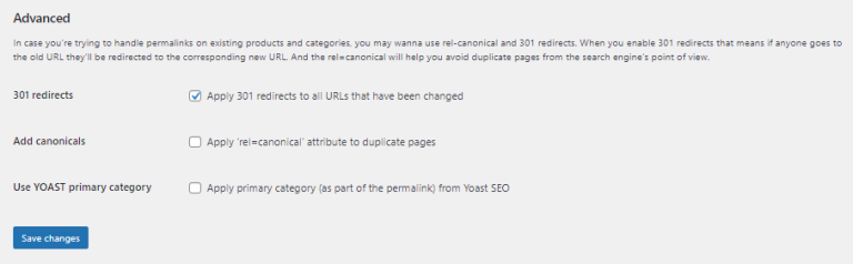 Advanced options - 301 redirects and canonical