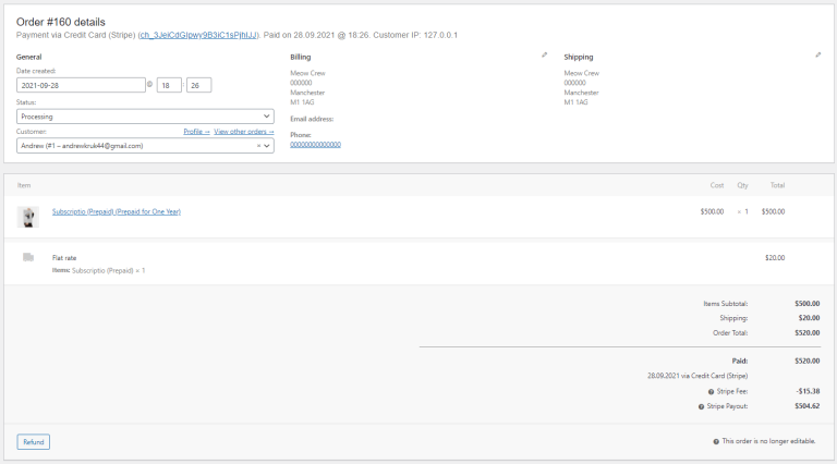 Prepaid details on the order