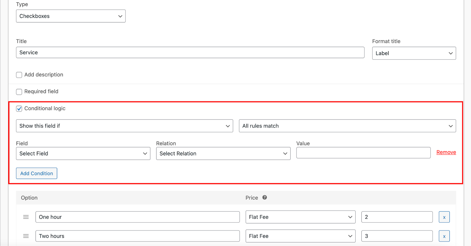 Conditional logic fields displayed on an add-on field