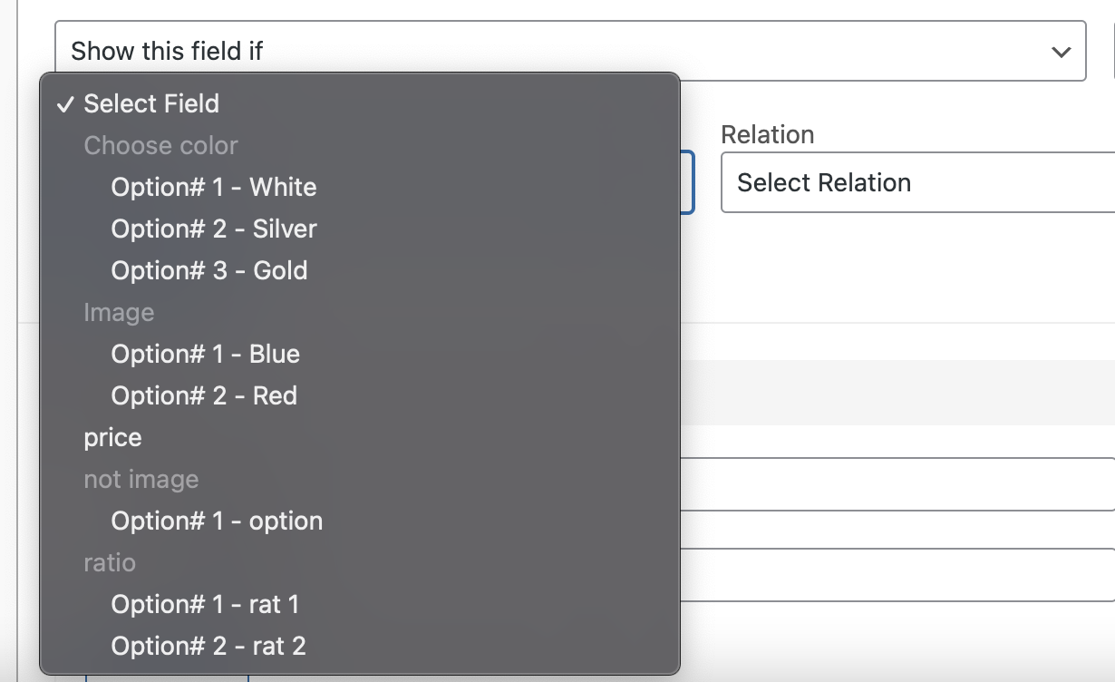 Dropdown listing all add-on fields and their options