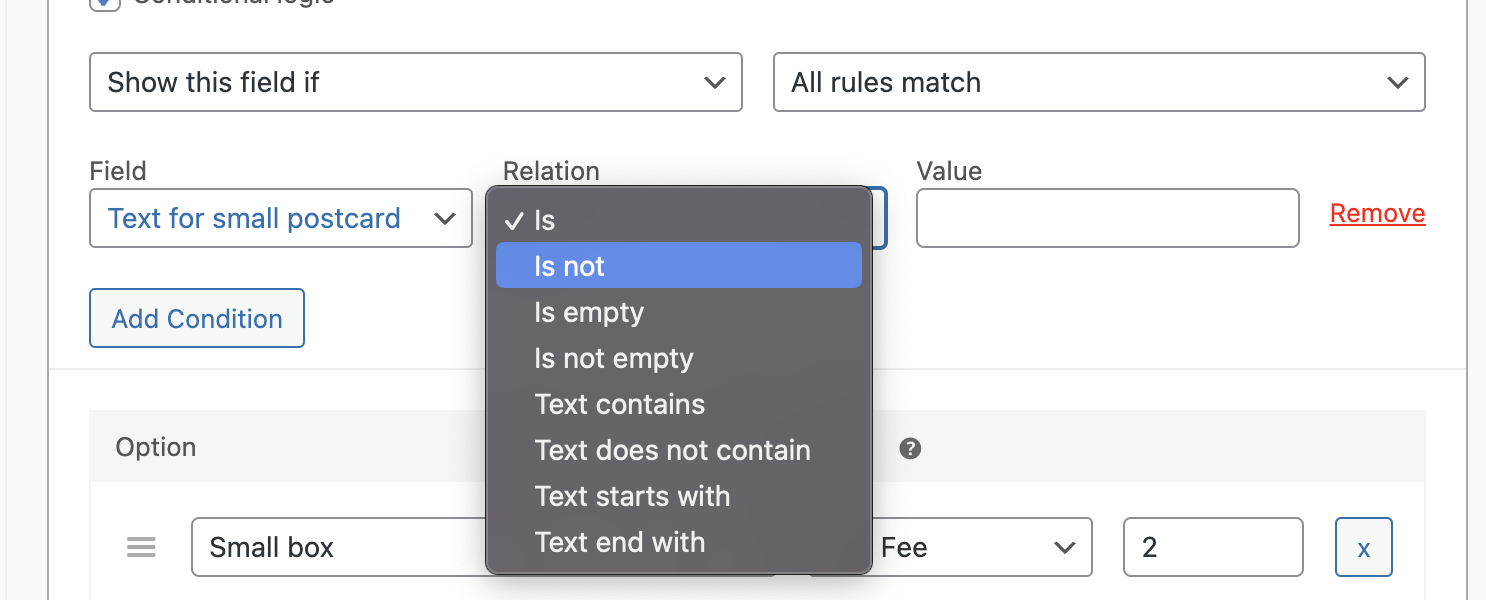 Text field condition operators