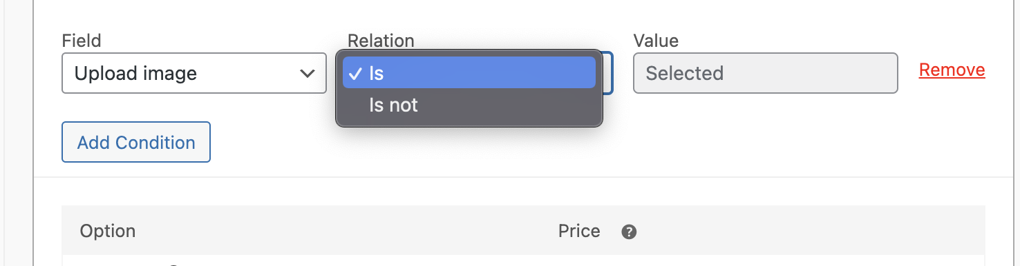 Is selected / Is not selected operators for file upload fields
