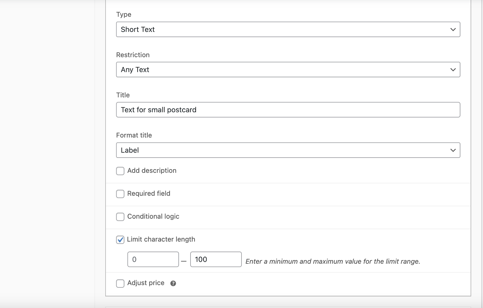 Short text field for the small postcard limited to 100 characters