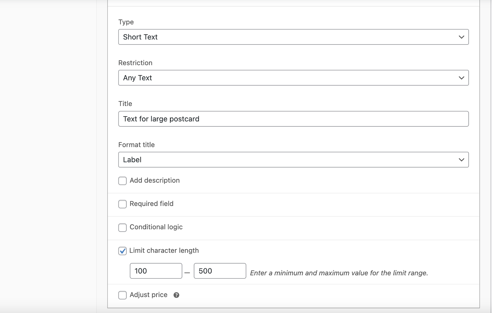 Text field for the large postcard limited to 500 characters