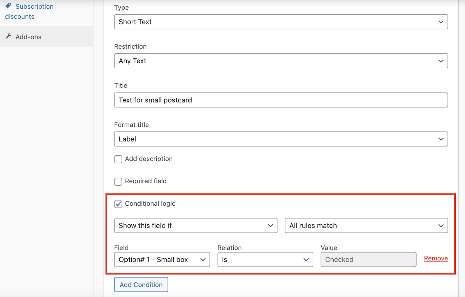 Condition displaying the small postcard field for the small box