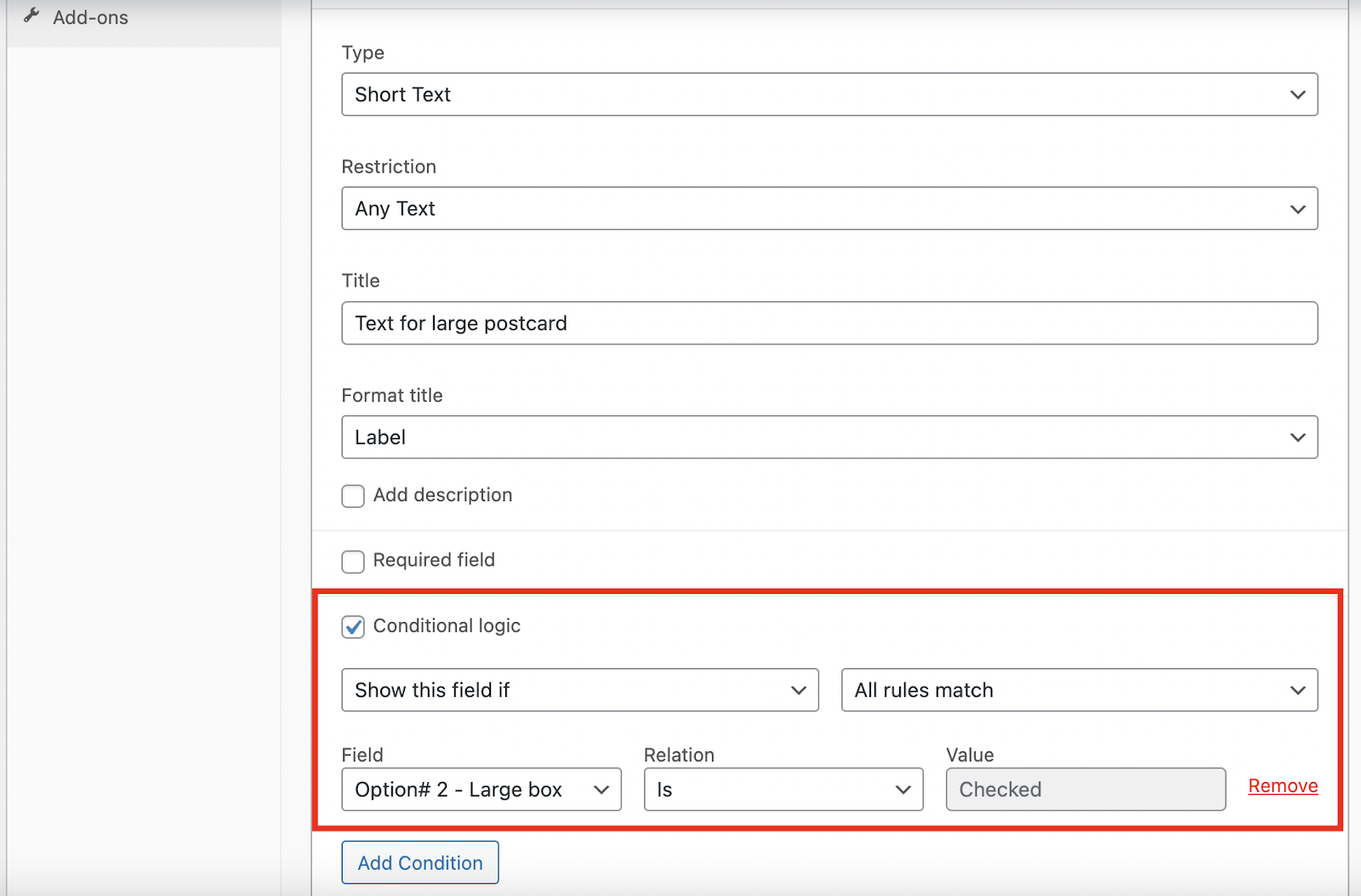 Condition displaying the large postcard field for the large box