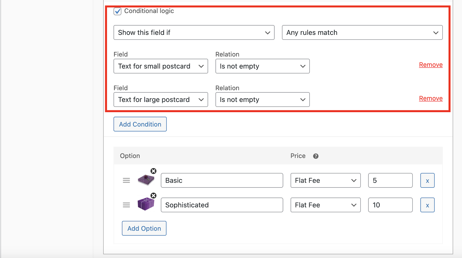 Condition showing gift wrap when any postcard field is filled in