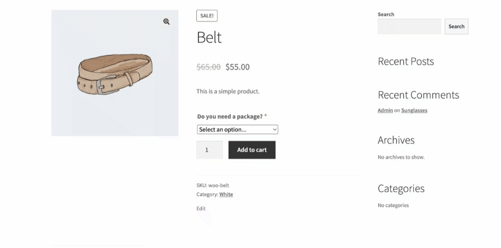 Product page showing add-on fields revealed by conditional logic