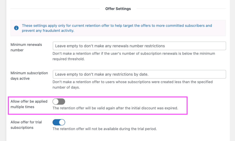 Allow offer to be applied multiple times setting