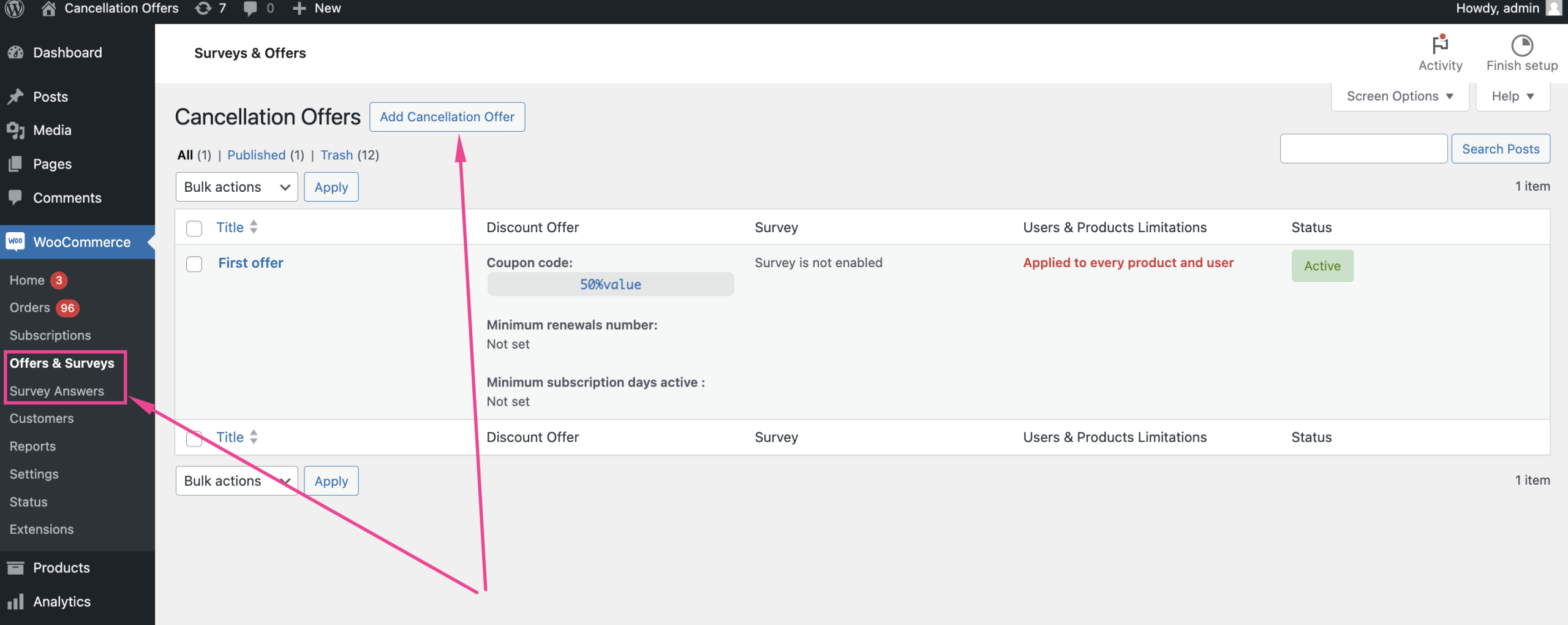 Offers and Surveys page with the Add Cancellation Offer button