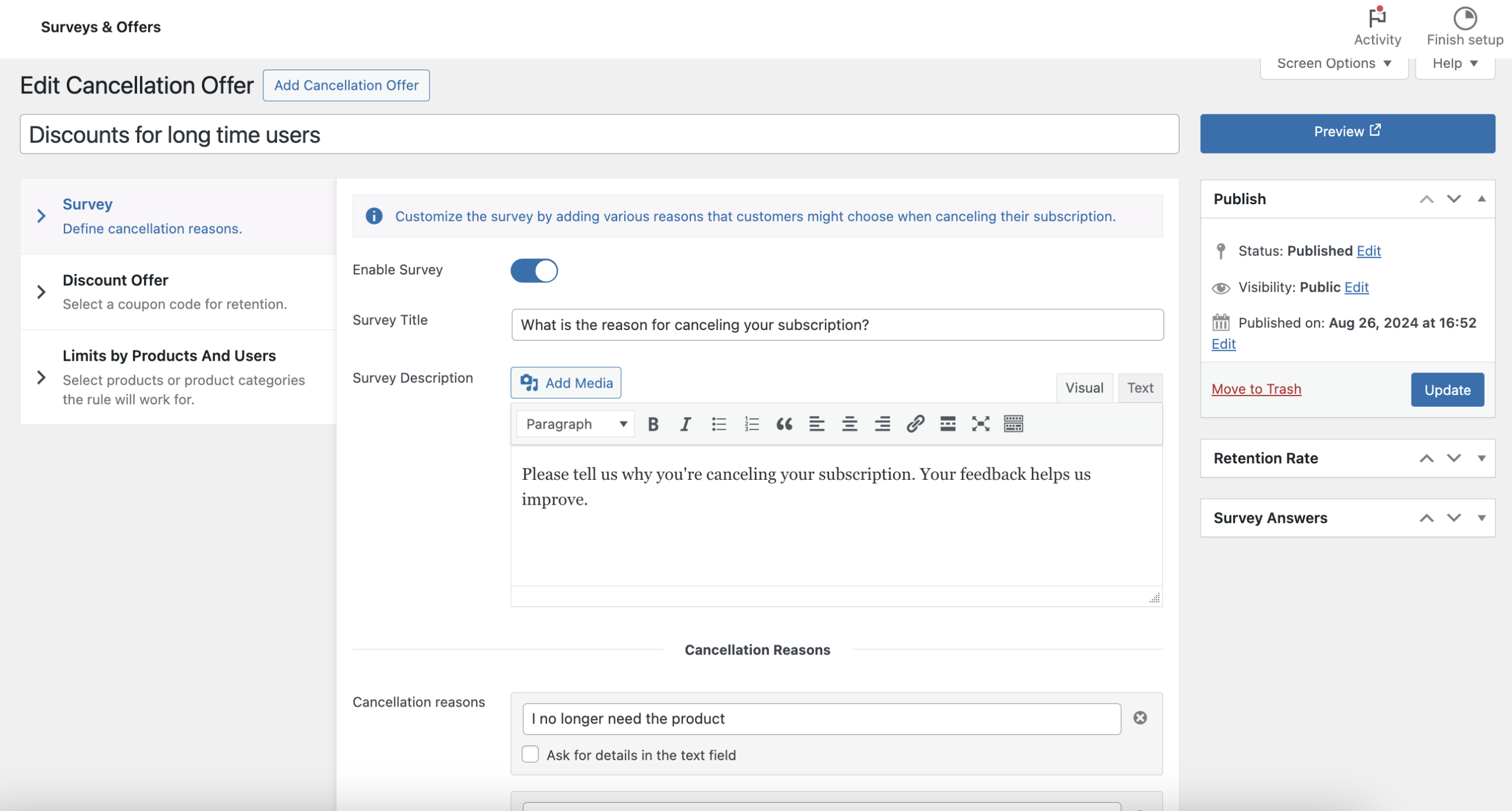 Create Survey step with title, description, and cancellation reasons