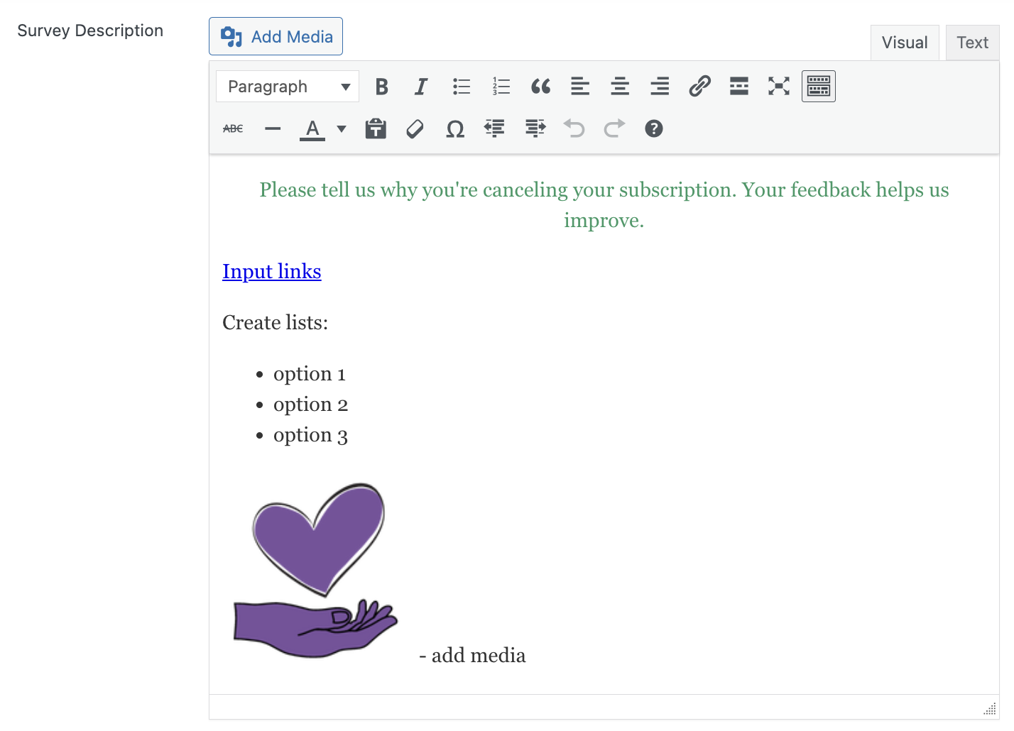 Rich text editor for the survey description