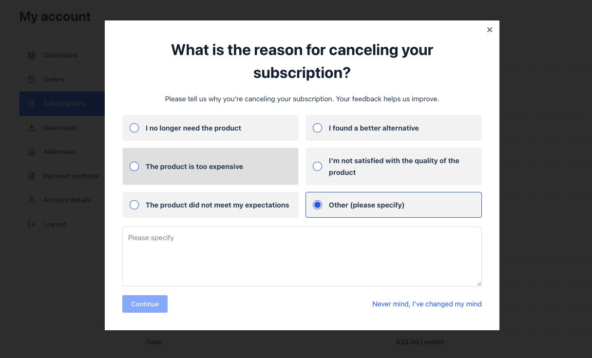 Survey popup with default cancellation reasons