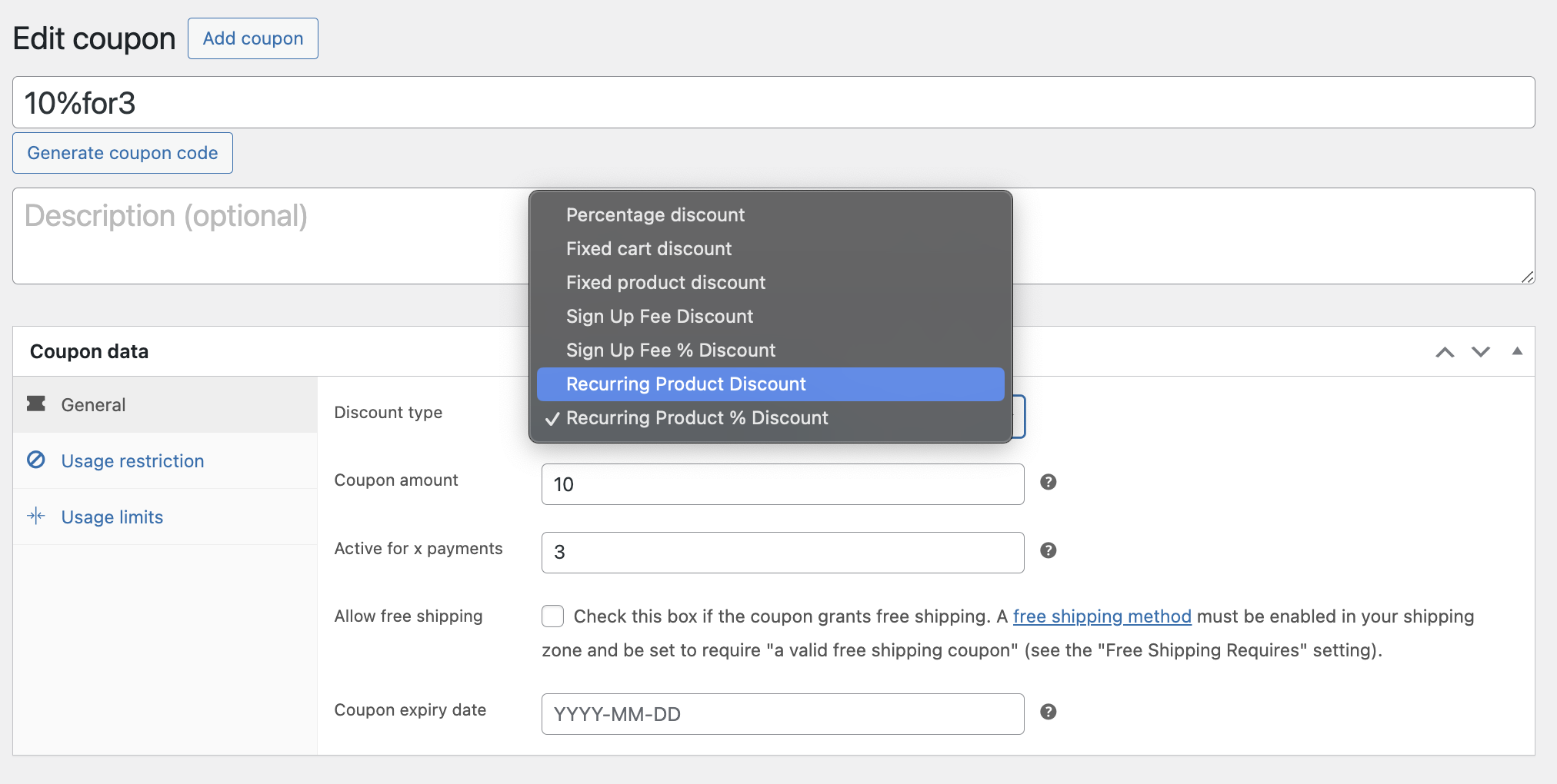 Recurring coupon settings in WooCommerce