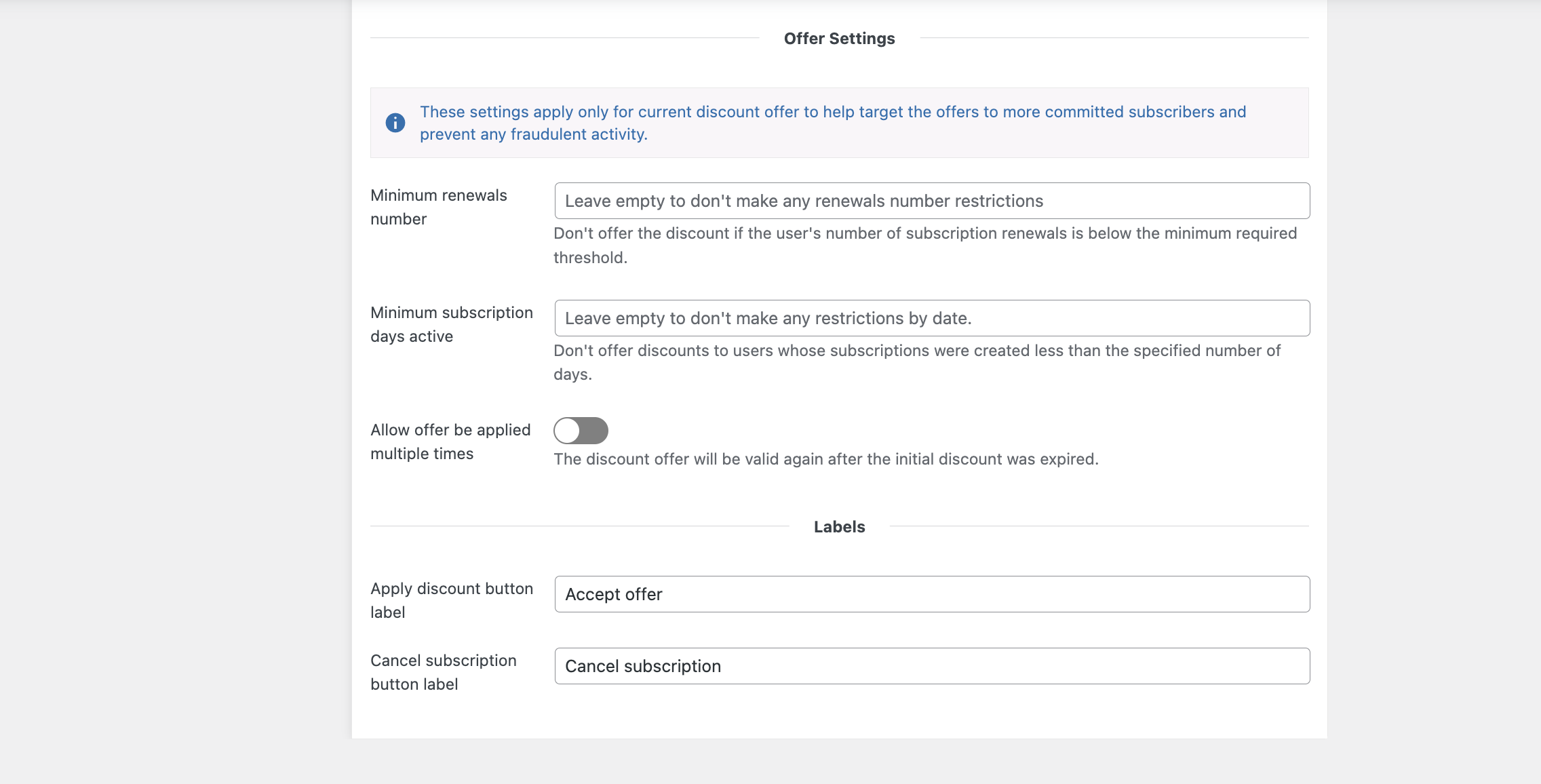 Offer settings: minimum renewals, minimum days active, multiple applications