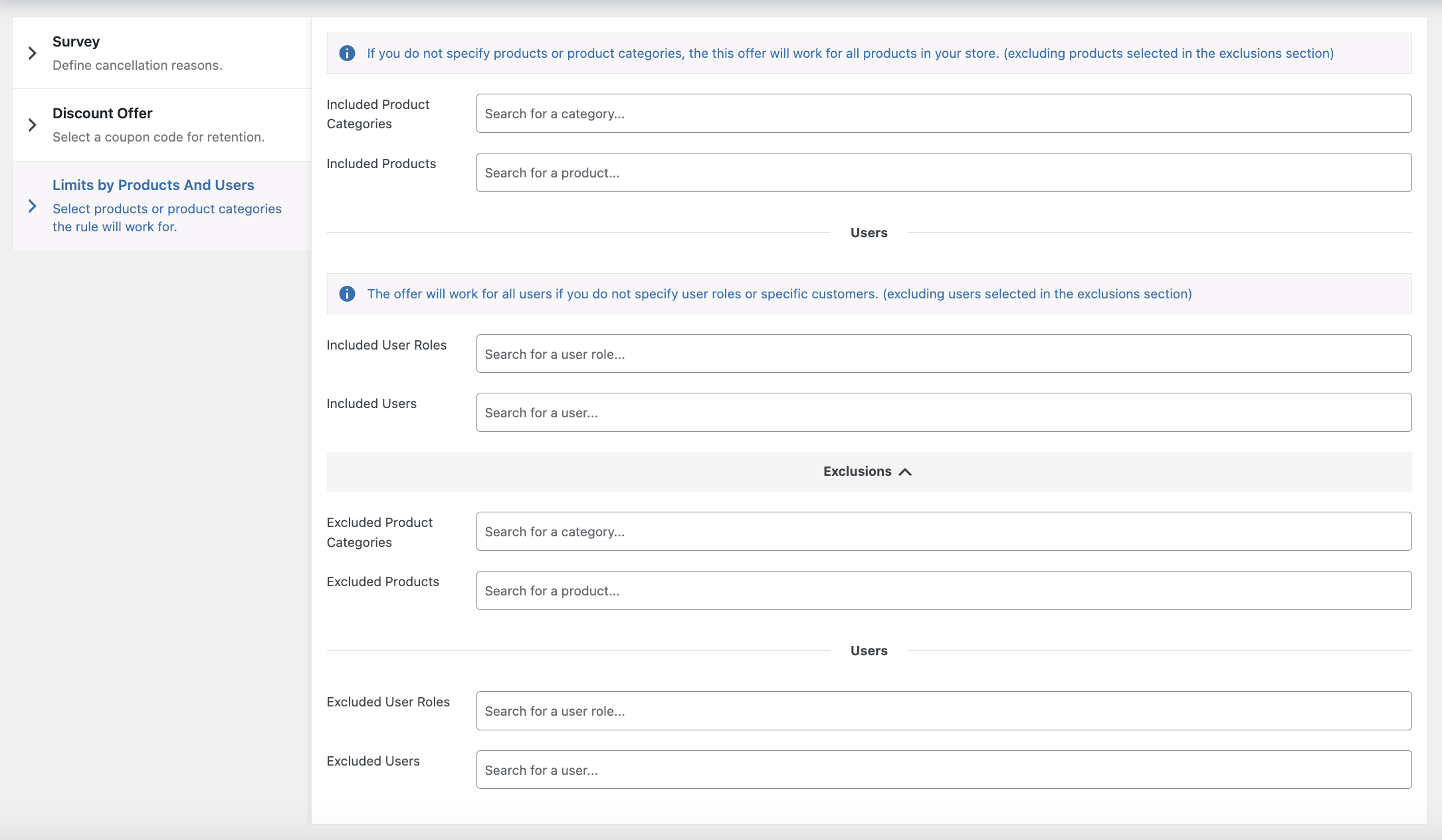 Products and roles targeting options for a survey and offer