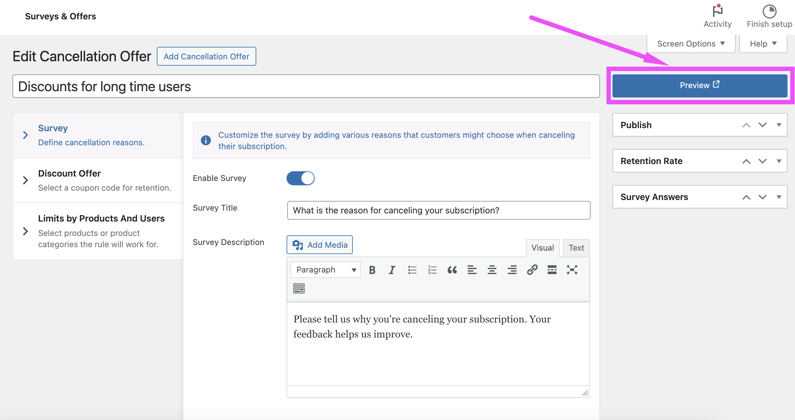 Preview button on the survey and offer edit page