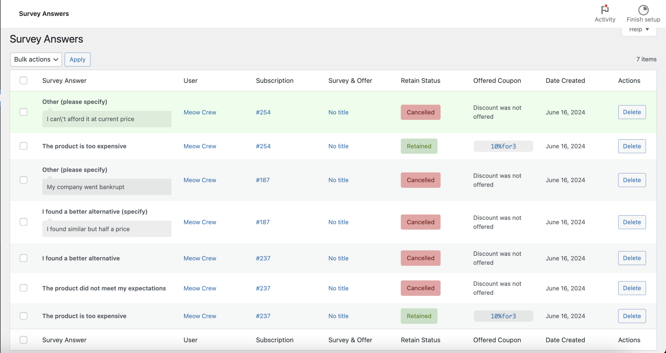 Survey Answers page listing responses and retention status