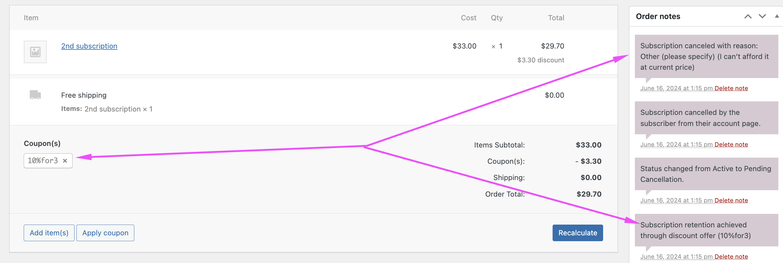 Survey response recorded in the subscription order notes