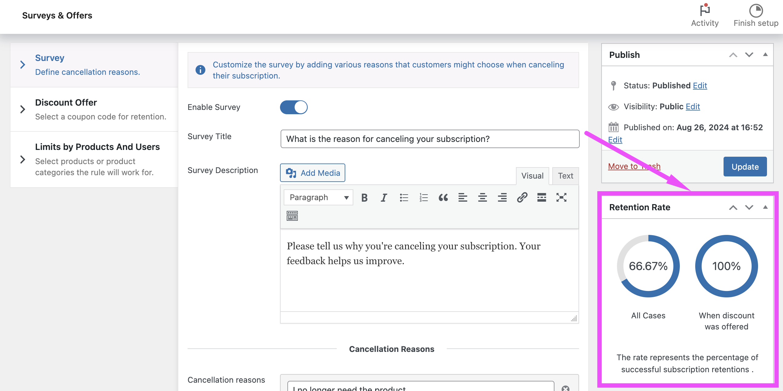 Retention Rate metabox with All Cases and When Discount Was Offered metrics