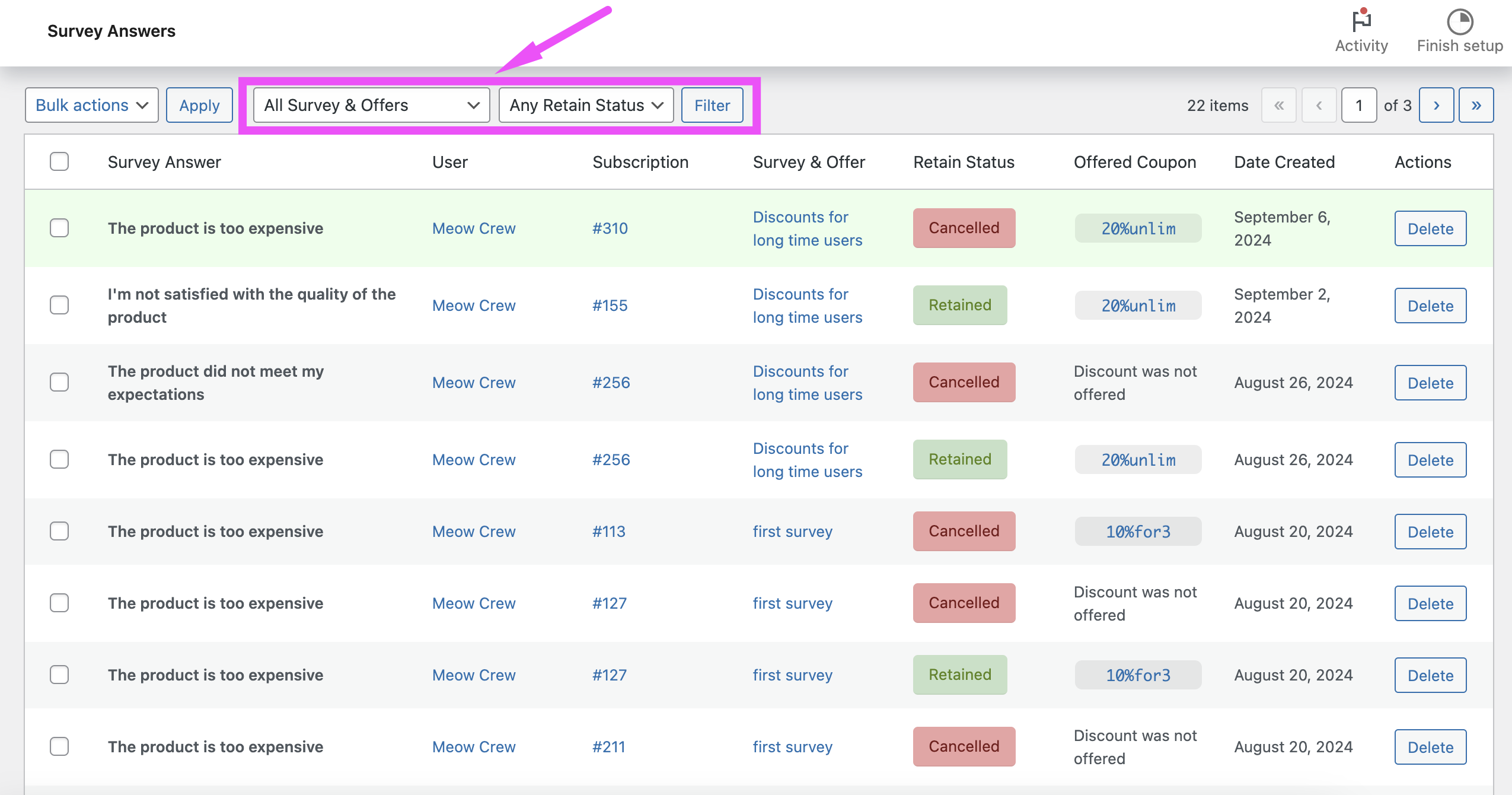 Filtering survey answers by survey and retention status