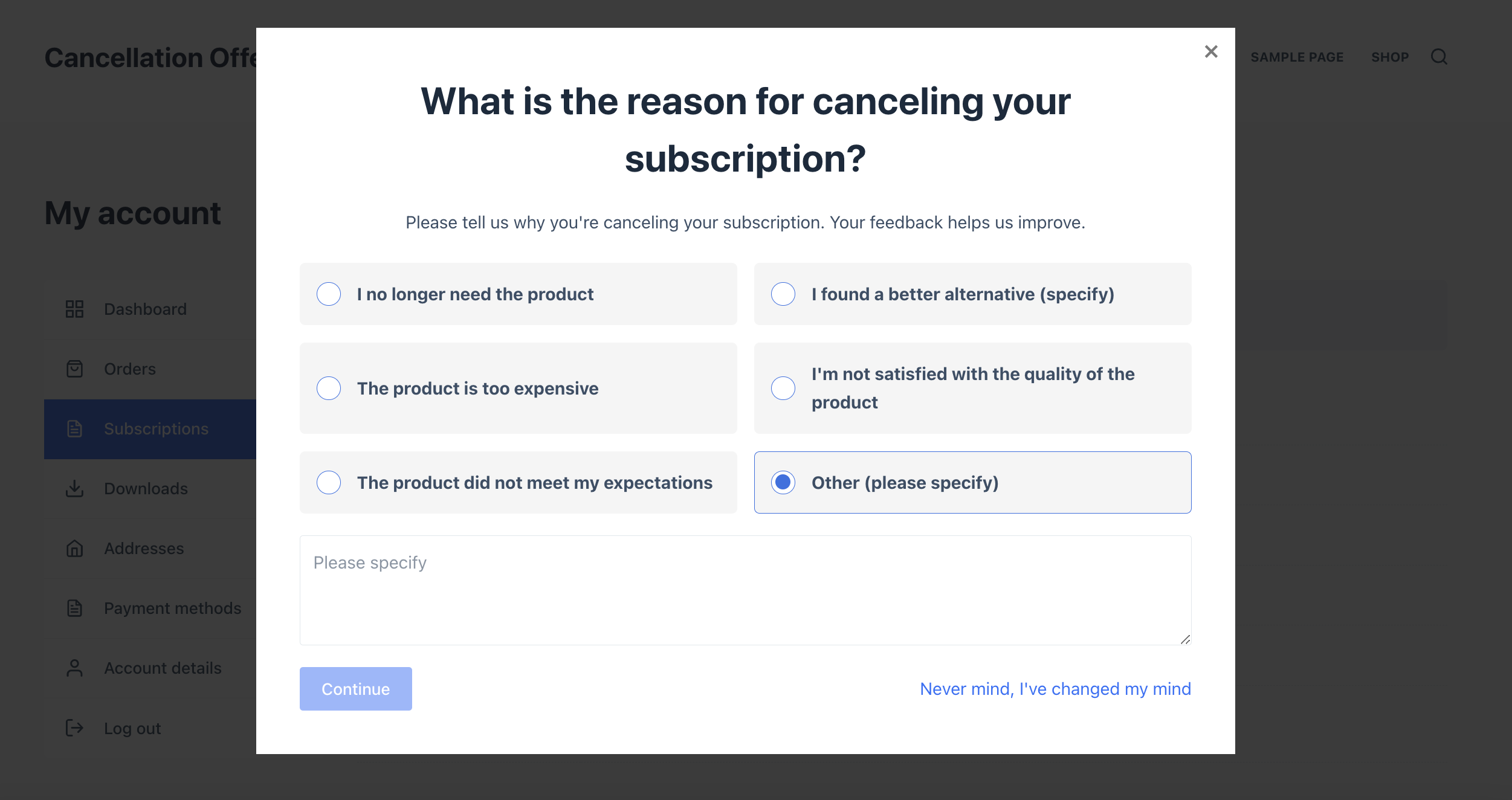 Survey popup shown to a subscriber on cancellation