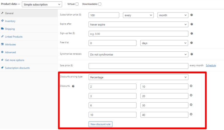 Percentage discount setup at the product level